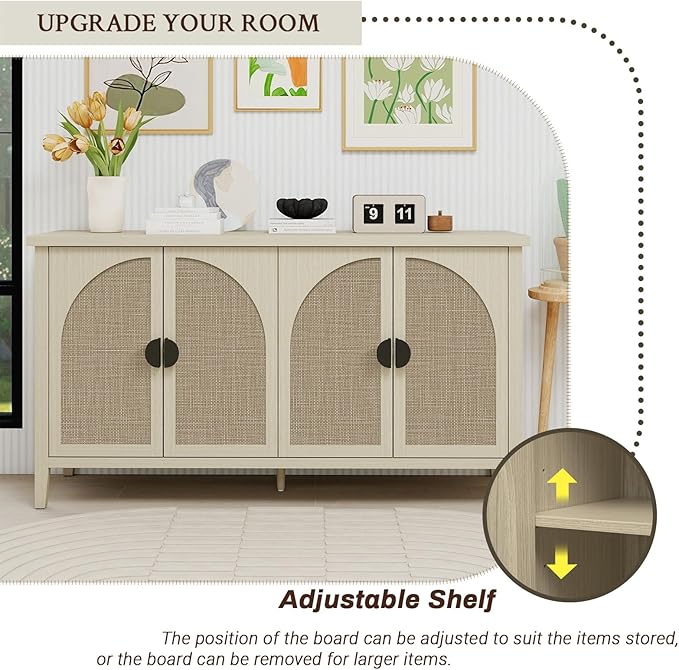 Sideboard Buffet Cabinet, 4-Door Rattan Storage Cabinet, Coffee Bar with Adjustable Shelf, Accent Furniture for Living Room, Dining Room, Home Office, Natural