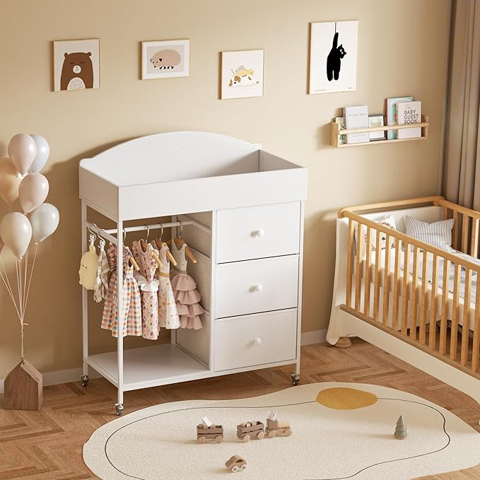 DTK Changing Table Dresser with Clothing Rack and Storage Shelf,3-Drawer Baby Dresser with Changing Table Top,Diaper Changing Station with Waterproof Pad,Mobile Dresser for Nursery,White