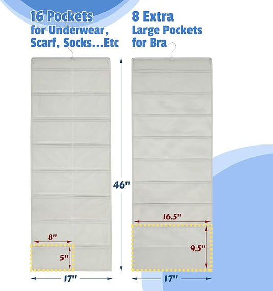 Simple Houseware Double-Sided Hanging Closet Organizer, 24-Pocket Bra & Underwear Storage with Rotating Hanger, Mesh Fabric, Gray, 1 Pack