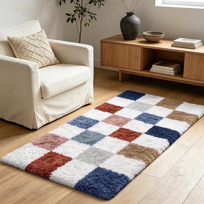 Shag Runner Rug for Bedroom Living Room 3x7 Upgrade Non-Slip Fluffy Soft Bedside Rugs,Colorful Shaggy Carpet for Livingroom Dorm Home Decor Aesthetic