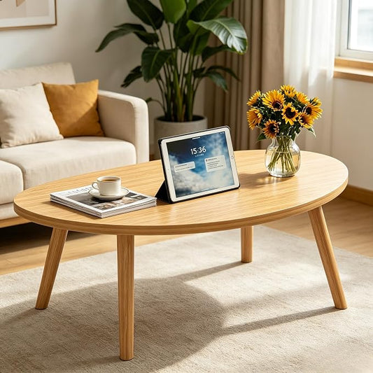 Coffee Table Low Table with Solid Wood Legs, 31.5x19.7 Large Coffee Table Side Table, Floor Table Desk for Sitting on The Floor, Living Room Furniture for Office Apartment Home, Pebble-Natural