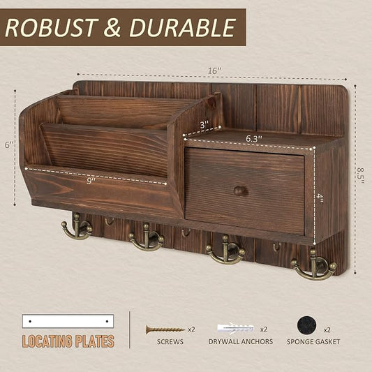 Rebee Vision Pine Wood Key Holder Wall Mount with Mail Sorter for Home Decor- Rustic Key and Mail Holder for Wall with Hooks and Drawer Organizer - Ideal for Apartment Essentials (Retro Brown)
