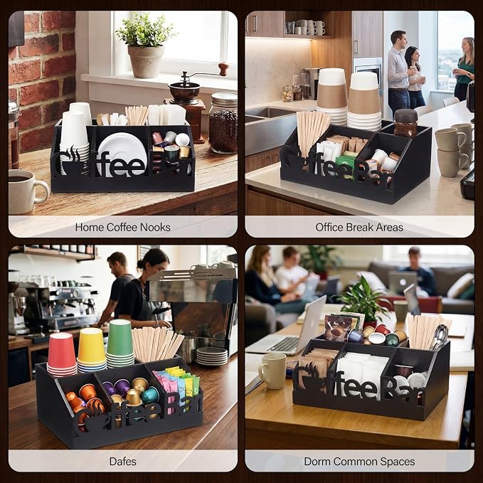 Coffee Station Organizer for Counter Wood Countertop Accessories Organizer Coffee Pods Holder Storage Basket for Pods Condiment Syrup Tea Cups Stirrers for Rustic Bar Decoration (Black)