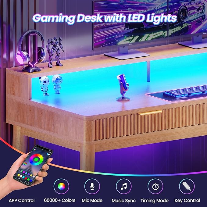 SEDETA 59" Computer Desk with 4 Storage Drawers, Fluted Wood Office Desk with File Drawer, LED Lights and Power Strip, Gaming Table Writing Desk for Home Office, Living Room, Bedroom, Oak