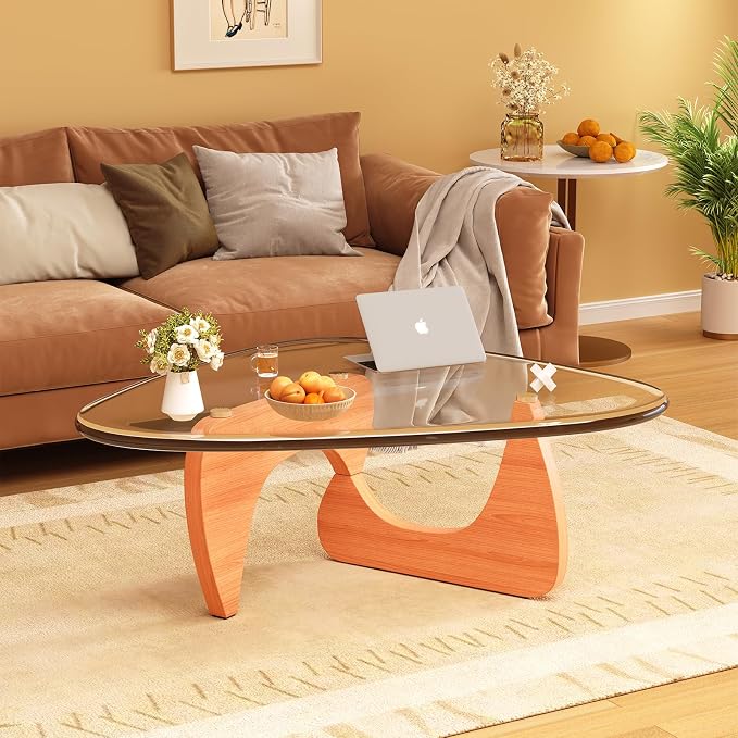 Coffee Table for Living Room Mid Century Modern Center Small Table with Glass Top and Wood, Walnut Transparent(32 Inch)