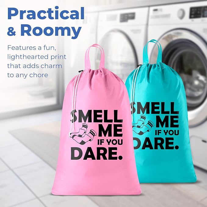 Extra Large Travel Laundry Bag - 2-Pack Fun Print Design Bags for Dirty Clothes - Durable Water-Resistant Fabric - Sturdy Drawstring Closure (Pink-Teal | Smell Me If You Dare)