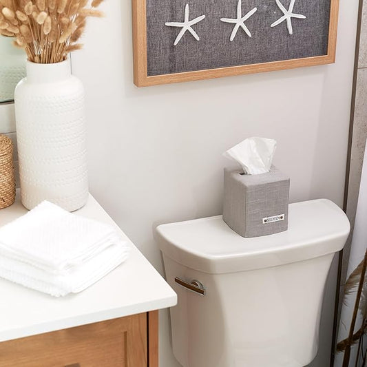 Stylish Tissue Box Cover - This Gray Linen Holder Instantly Covers Your Square Tissue Boxes - The Perfect Cube Cover for Your Bathroom and Home