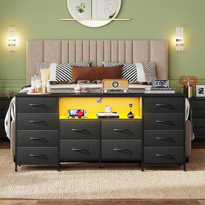 WLIVE 12 Drawer Dresser for Bedroom, Black Dresser TV Stand for 65, 70, 75 inch TV with Led Light & Charging Station, Wide Chest of Drawers with Open Shelves, Fabric Dressers for Closet, Living Room