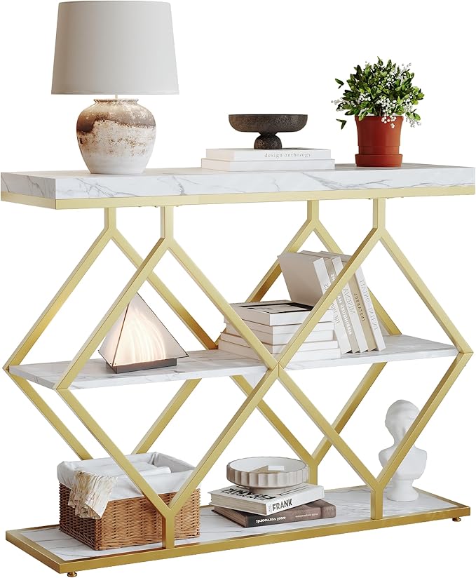 Garvee 3-Tier Entryway Table, Industrial Console Sofa Table with Storage, Accent Table with Open Shelves, Diamond-Shaped Gold Metal Frame, Foyer Table for Entryway, Hallway, Foyer, Living Room, White