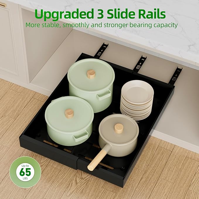 PAKETA 4 Pack Expandable Pull Out Cabinet Organizer, 21'' Deep Pull Out Drawers for Cabinet, Upgrade 3 Slide Rails Sliding Drawers for Cabinets with Adhesive Nano Film (Black, 21"D X 9-14"W)