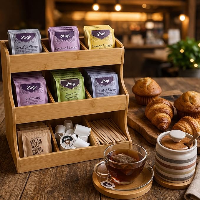 Tea bag organizer with 3-tier storage & 4 matching coasters. Fully assembled. Deluxe bamboo tea organizer for tea bags, coffee pods, condiments and pantry organization. Holds up to 180 tea bags.