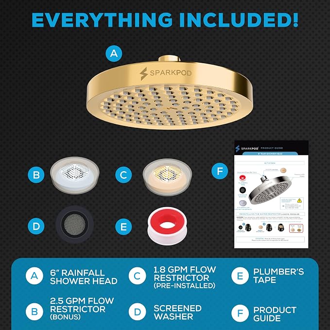 SparkPod Rain Shower Head, 6 Inch Round | High Pressure Shower Heads, 90 Nozzle (Touch-to-Clean), Adjustable Showerhead, No-tool Universal Connection