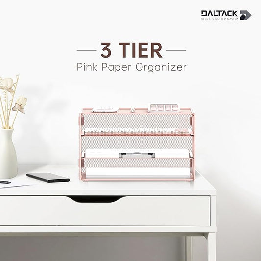 DALTACK 3 Tier Letter Tray Paper Organizer for Desk, Mesh Metal Desk File Organizer with Sliding Trays for Letter/A4 Paper, Mail, Bills & Folders, Pink