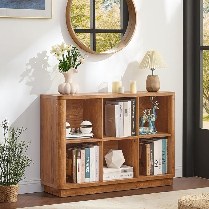 6 Cube Storage Organizer, 40" Wide Low Horizontal Book Shelf with Curved Edge, Floor Standing 2-Tier Wooden Bookshelf with Base, Modern Short Lattice Bookcase for Bedroom, Home Office, Brown