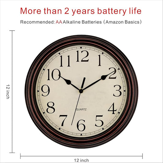 Foxtop Retro Silent Non-Ticking Round Classic Clock Quartz Decorative Battery Operated Wall Clock for Living Room Kitchen Home Office 12 Inch (Bronze)
