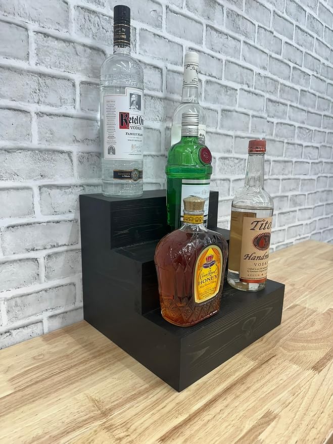 Handmade Tiered Display Shelving - Three Tier Bar Display - Bar Organizer - Liquor Bottle Display (12" with Back, Black)