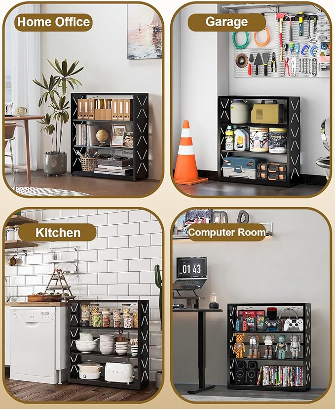 METALOONG Book Shelf, 3-Tier Adjustable Bookcase with Anti-Tip Kit & Leveling Feet, Heavy-Duty Metal Storage Organizer, Modern Corner Shelves for Kitchen, Garage, Home Office - Black