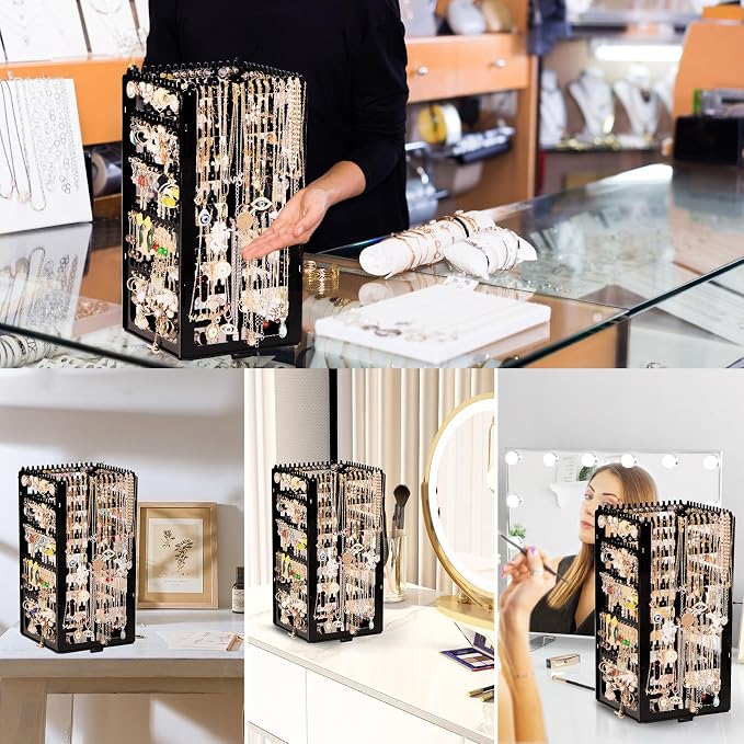 17Dec 360 Rotating Earring Holder Organizer Stand,5 Tiers Acrylic Jewelry Organizers and Storage,Stud Earring Organizers and Storage,212 Holes and 212 Grooves for Earrings Necklaces chain bracelet