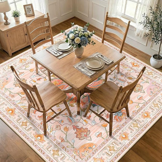 RELEANY Area Rugs Square 8ft Washable Non-Slip, Floral Vintage Distress Medallion Carpet for Living Room Bedroom Dining Room, Light Pink Colorful