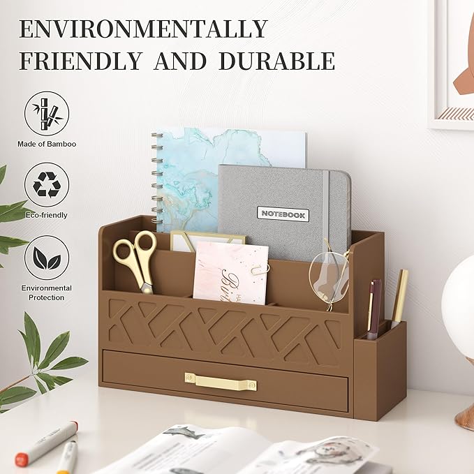 Bamboo Desktop Organizer with Drawer,Bill & Mail Organizer for Office Desk, Wall Mounted and Countertop Mail Sorter,Workspace Storage Accessories Organizer for File Letter (Brown)