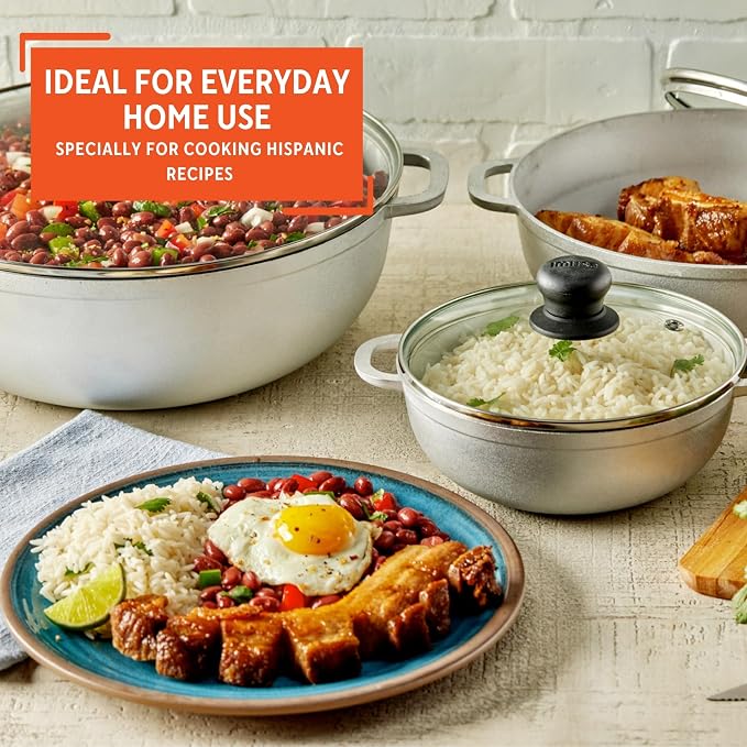 IMUSA Colombian 3 Piece Caldero Set with Glass Lids, Cast Aluminum Dutch Oven Pots, 1.5Qt 3.5Qt and 7Qt Traditional Hispanic Cookware for Rice, Beans, Soups, Stews, and Braised Meals