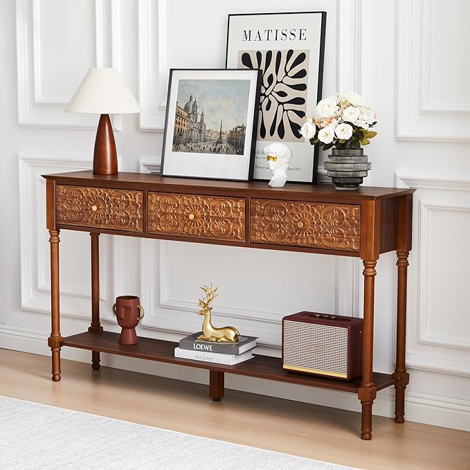 55.5" Carved Console Table with 3 Drawers, 2-Tier Sofa Table with Glossy Floral Surface and Solid Wood Legs, Mid-Century Modern Entryway Table for Living Room Hallway (Walnut)