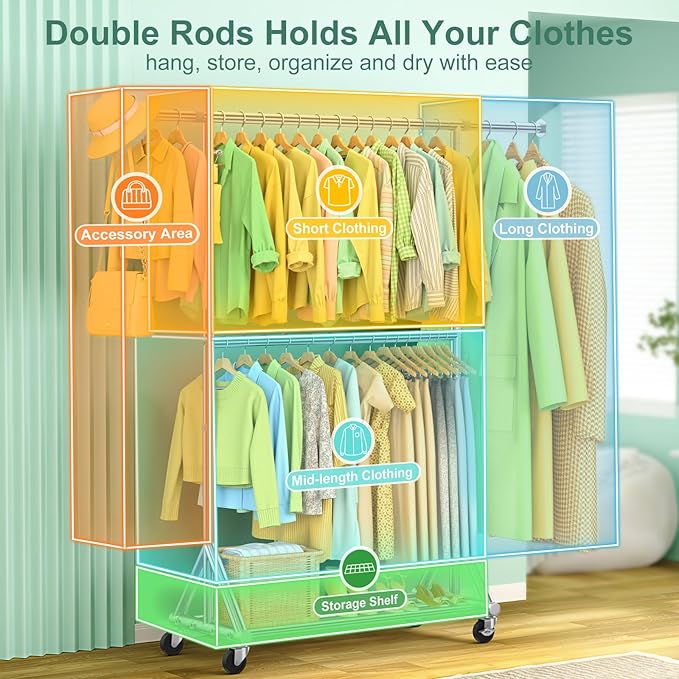 100% Stainless Steel Heavy Duty Rolling Clothes Rack with Double Rods for Hanging Clothes, Adjustable & Extendable Metal Clothing Rack, Garment Rack With Wheels Shelf, Sturdy Freestanding Closet Rack