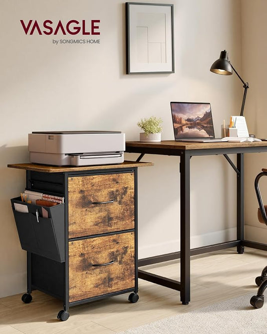 VASAGLE 2-Drawer File Cabinet, Mobile Printer Stand with Storage, Filing Cabinet for A4 Letter Size, Side Pockets, 23.6 x 15.7 x 26.8 Inch, Rustic Brown, Bellah Collection UOFC202KD01