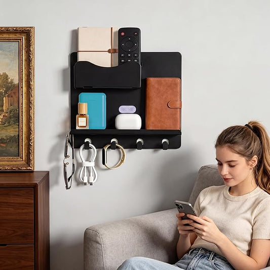 Bedside Shelf Wall Mount, Adhesive Bedside Shelf Accessories Organizer with Hooks and Cable Clips,Dorm Bedside Wall Storage for Phone, Remote, Earphone,Plastic (Black)