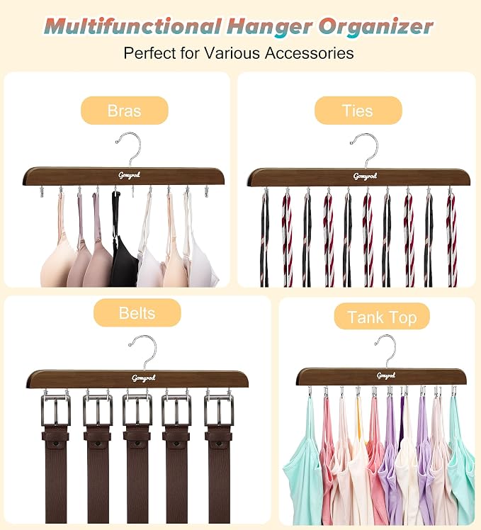 Gomyrod Bra Hanger for Closet, 2 Pack Tank Top Hangers w/20 Hooks Holds 40 Bras, Capacity Foldable Wood Space Saving Hanger, 360°Rotating Closet Organizers and Storage for Dorm & Apartment(Brown)