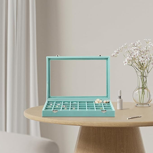 Frebeauty 40 Grid Jewelry Tray,Adjustable Earring Holder Organizer with Glass Lid,Velvet Drawer Jewelry Organizer for Rings,Studs,13.8 x 9.5 x 2 Inches Jewelry Display Box,Gift for Women(Turquoise)