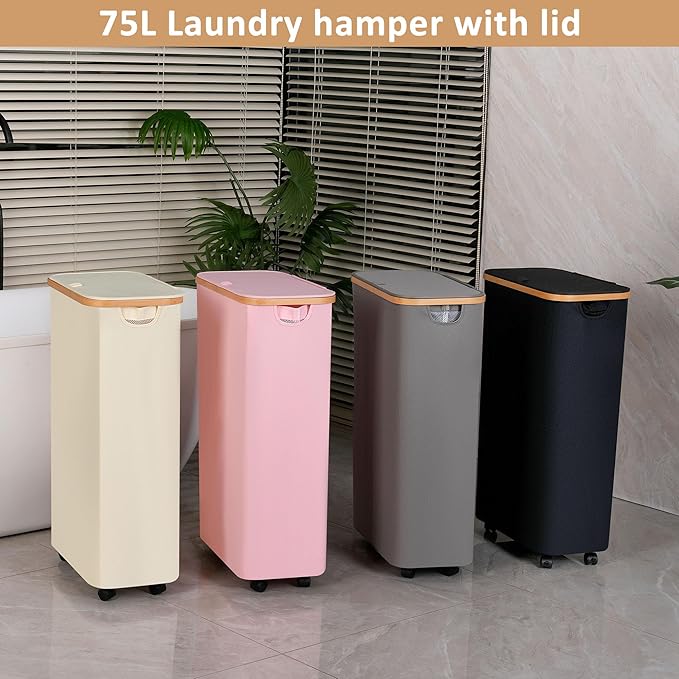 iEGrow 75L Laundry Hamper with Wheels,Clothes Hamper for Laundry,Laundry Basket with Lid and Inner Bag, for Laundry Room, Bedroom, Dormitory Storage,Pink