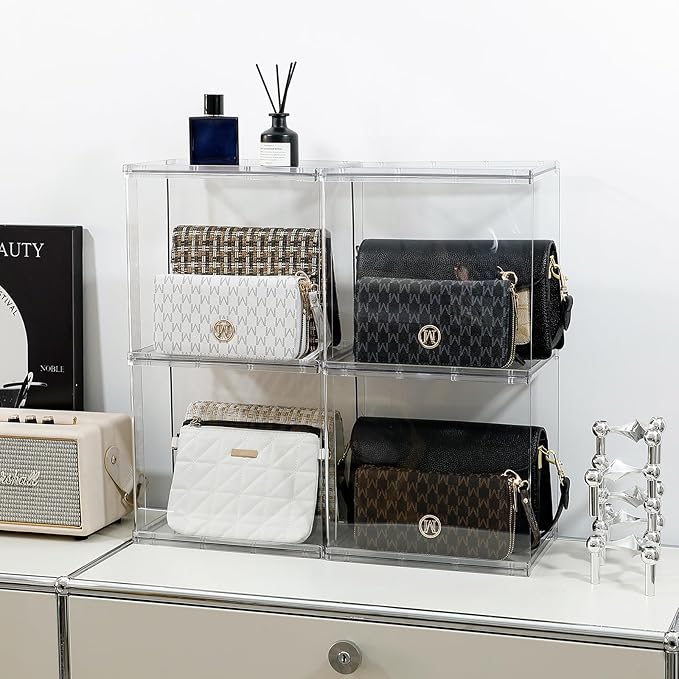 4 Pack Purses Organizer for Closet, Plastic Stackable Storage Rack for Bathroom, Bedroom and Kitchen, Clear Display Stand for Handbags, High Heels, Clothes, Collectibles (Tall)