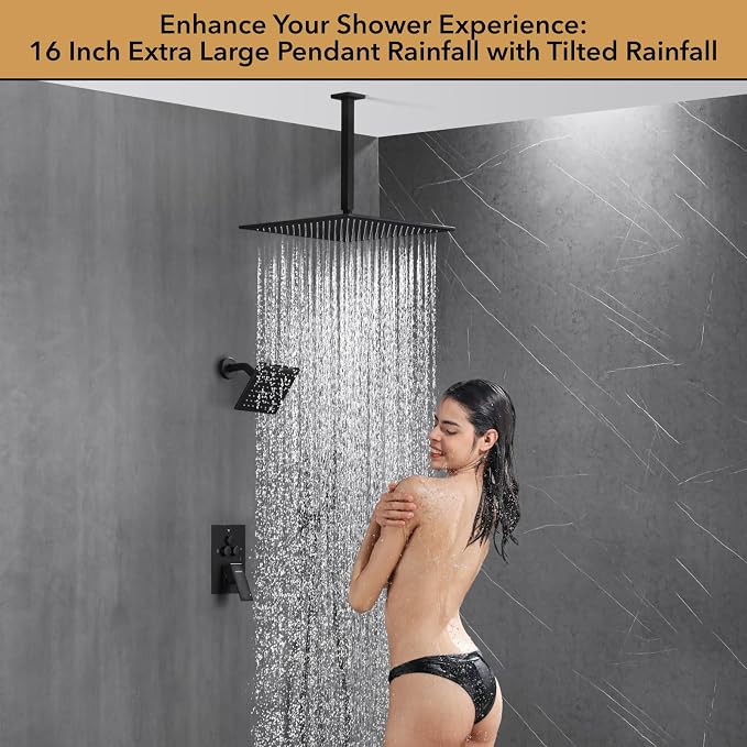 VANFOXLE Shower Faucet Set Matte Black Shower System, Push Button Diverter Shower Faucet with Trim Kit, Ceiling Mount 16 Inch Shower Head Increased Thick, 6 Inch Side Shower Head, 2-in-1 Handheld