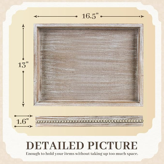 Wooden Decorative Tray, Rectangular Serving Tray with Wood Bead, Farmhouse Big Tray for Ottoman, Countertop, Coffee Tabl, 16.5" x 13"x 1.6" (White Washed)