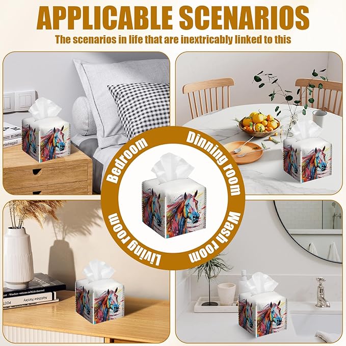 Colorful Horse Tissue Box Cover 2PCS, Animals Leather Tissue Box Holder Square Facial Paper Case Tissue Box Cube Organizer for Bathroom Bedroom Desk Office