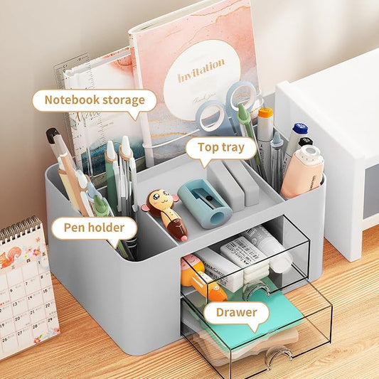 Marbrasse Pen Organizer with 2 Drawer, Multi-Functional Pencil Holder for Desk, Desk Organizers and Accessories with 5 Compartments + Drawer for Office Art Supplies (Grey)
