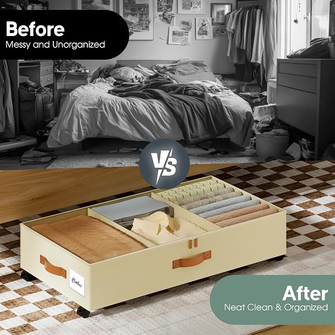 Underbed Storage with Wheels, 2 Pack (36L Each)| Low Profile Storage Organizer with Clear Window, Double Zipper & 360ยฐ Locking Wheels โ Rolling Metal Drawer for Clothes, Shoes, & More (Beige)