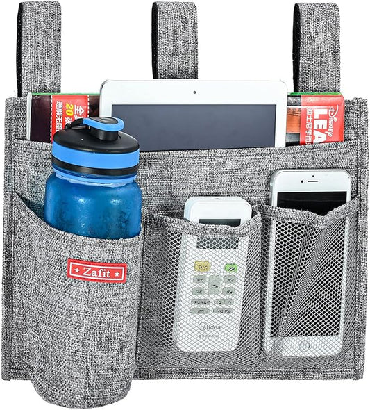 Zafit Linen Bedside Caddy, Bedside Storage Organizer for Hospital Beds, College Dorm Rooms or Baby Bed (4 Pockets-Grey)