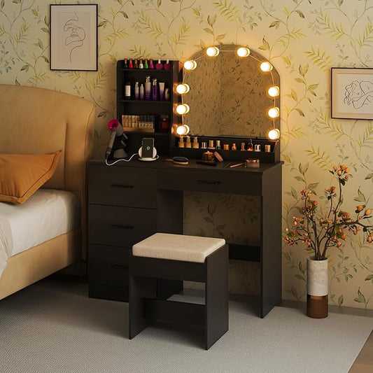 COSTWAY Vanity Desk with Mirror and Lights, Dressing Table with Charging Station, 3 Shelves, 1 Tabletop Storage Organizer, 4 Drawers and Stool, Bedroom Makeup Vanity Set for Girl, Teen, Women (Black)