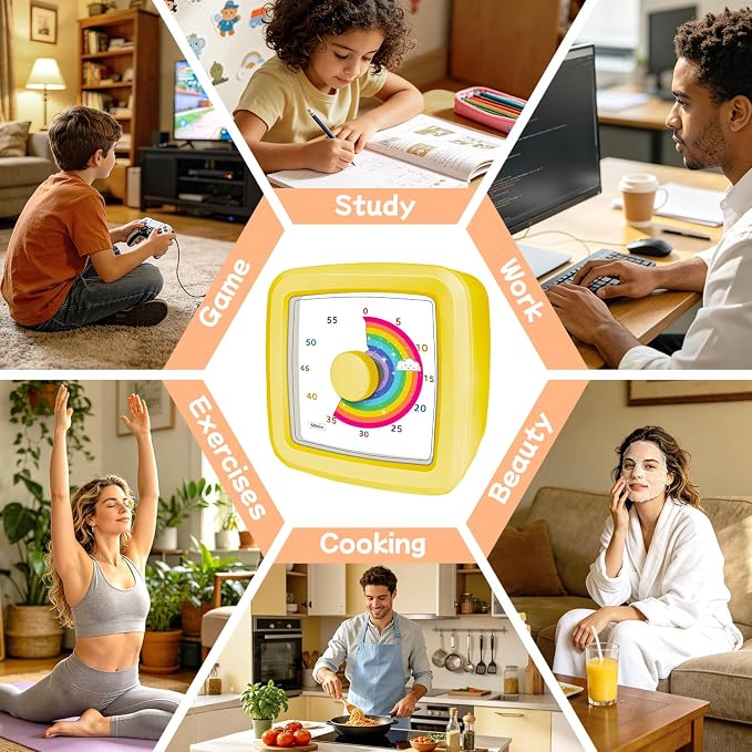 60-Minute Visual Timer for Kids, Silent Countdown Kids Visual Timer with Rainbow Design, Plastic Time Management Tool Timers for Classroom Toddler Homework Kitchen, Focus Tools for Kid,Yellow