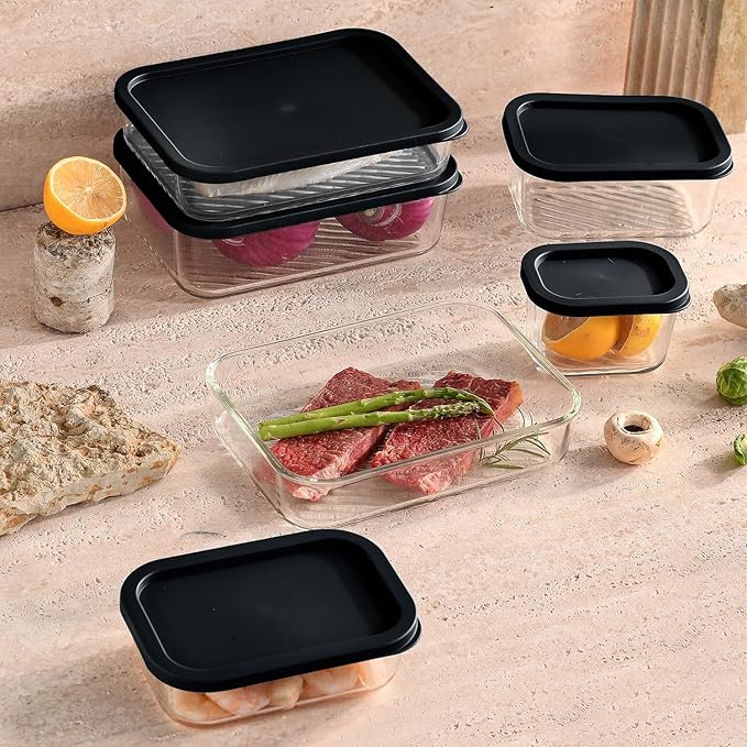 EATEX 7 Pack Glass Meal Prep Containers with Grooved Base, 7 Stackable BPA Free Glass Storage Containers with Lids for Lunch, Pantry, and Kitchen - Microwave, Dishwasher Freezer & Oven Safe - Black