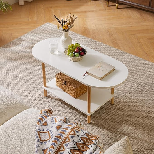 Aibiju Oval Coffee Table White, Small Wooden Coffee Table for Small Space, Tea Table Stand 35 * 16 * 17 inches, 2 Tier Center Table for Living Room White YD-012W