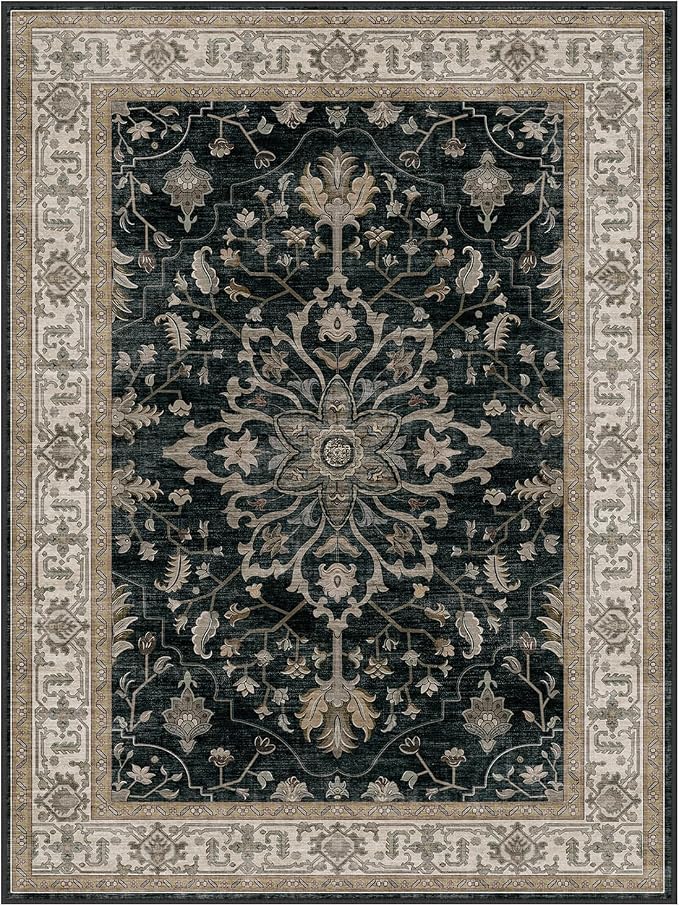 RELEANY Area Rugs 4'x5' Washable Non-Slip, Floral Vintage Distress Medallion Carpet for Living Room Bedroom Dining Room, Vintage Black Brown Neutral