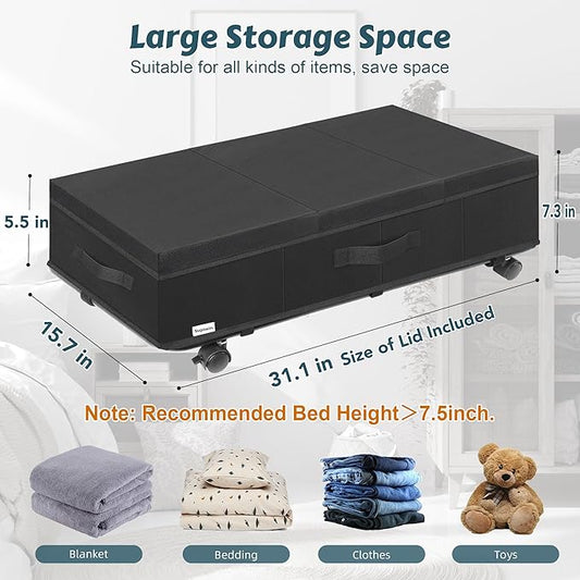 Supowin Under Bed Storage with Wheels, Rolling Underbed Storage Containers with Lids, Under Bed Shoe Storage Bins Organizer with Reinforced Metal Bottom Support and Three Handles
