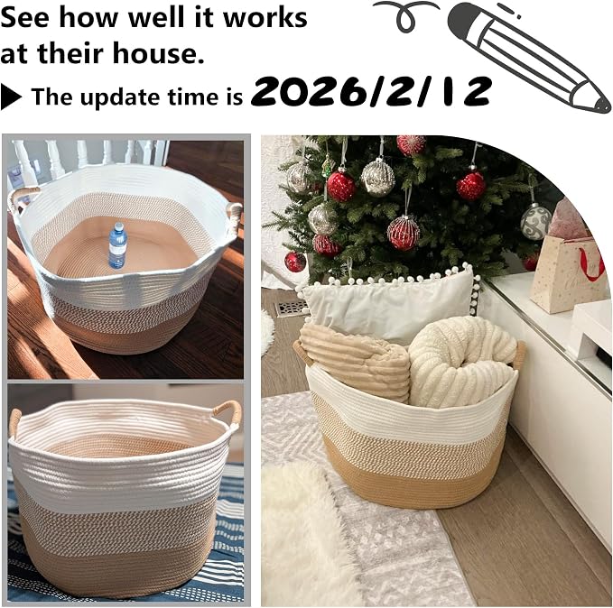 Artfeel 40L Large Cotton Rope Basket, Decorative Woven Blanket Storage for Living Room, Boho Toy Storage & Toy Box for Kids, Versatile Laundry Basket & Nursery Hamper for Blankets(Gery)