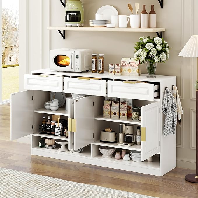 Sideboard Buffet Cabinet with Storage, 59.1" Multi-Functional Sideboard Cabinet with 3 Drawers & 4 Doors, Buffet Table with Adjustable Shelf for Dining Room, Living Room, Entryway, White