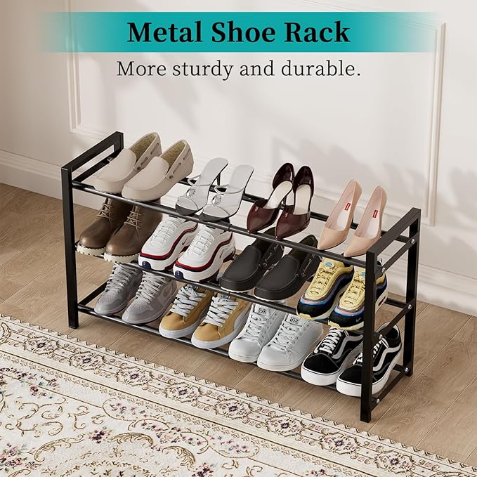 EKETE Expandable Shoe Rack,Adjustable and Stackable 3-Tier Shoe Rack Organizer, Shoe Rack for Closet,Space Saving,Metal Free Standing Shoe Rack for Entryway,Hallway,Closet Shoe Storage
