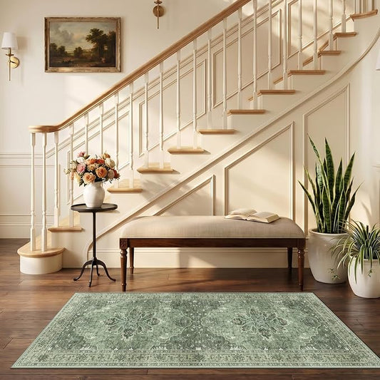 RELEANY Area Rugs Runner 2'6"x5' Washable Non-Slip, Floral Vintage Distress Medallion Carpet for Kitchen Hallway Bedroom Beside Laundry Room Bathroom, Dark Green Gray
