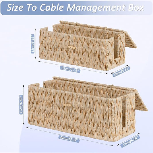 efluky 2 Pack Plastic Cable Management Boxes, Hand-Woven Cord Organizer Box with Lid, 2 Open Slots Cable Organizer Basket to Hide Power Strip and Charger for Home & Office and Dorm,Natural